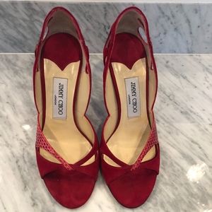Jimmy Choo Red Snakeskin and Suede Sandal